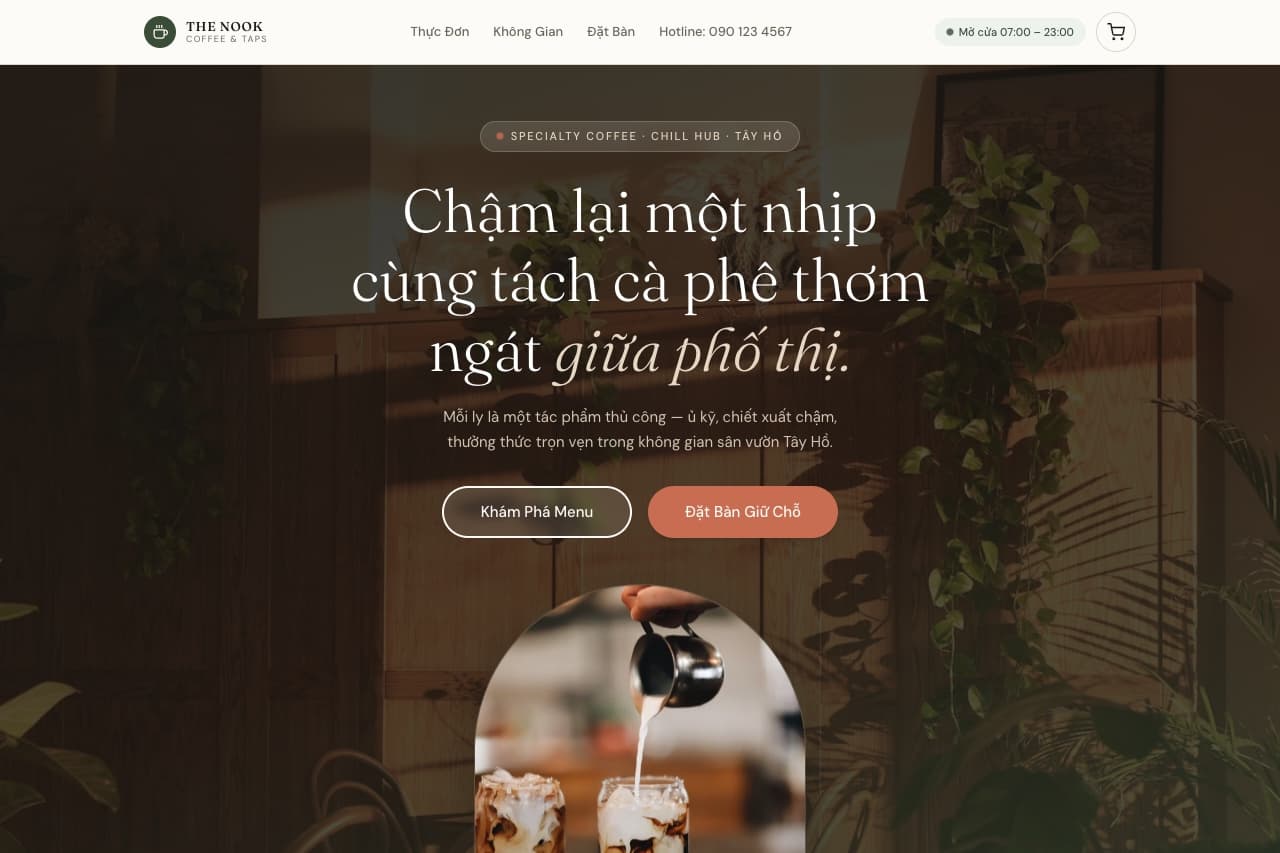 Giao diện website The Nook Coffee — Specialty Coffee & Chill Hub